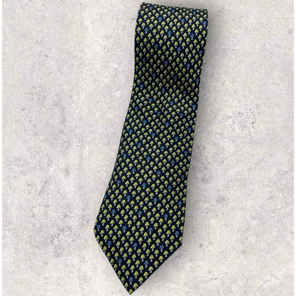 HERMÈS 7923 MA Silk Tie FRANCE  XL Navy Yellow Blue Mushroom W:3.4" EUC